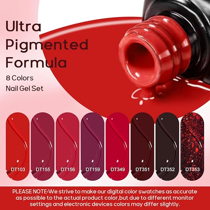 MEET ACROSS Red Gel Nail Polish Set, 8 Colors Bloody Mary Collection Shimmer Red Burgundy Gel Polish Kit Nail Art Design Soak Off Uv LED Gel Nail Kit Minicure DIY Home Gifts for Mom