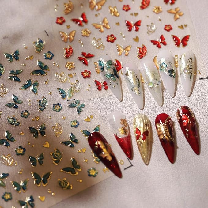 5D Butterfly Nail Art Sticker Decals Crystal Soft Self Adhesive Embossed Spring Nail Stickers Design Gold Red Green Butterfly Nail Decals Supplies Accessories 2 Sheet