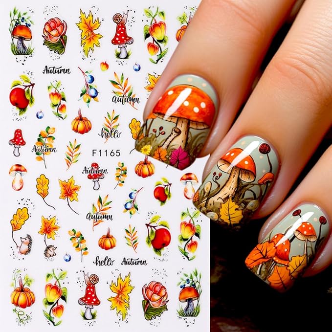 Fall Nail Art Stickers Decal 3D Maple Leaf Elk Pumpkin Self-Adhesive Nail Decals Thanksgiving Nail Stickers for Women DIY Manicure Autumn Party Nail Decorations Supply 6 Sheets
