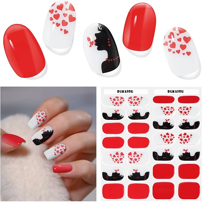 Semi Cured Gel Nail Strips, 28 pcs Gel Nails Stickers for Women Wedding Party Work with Any UV Lamp, Long Lasting Nail Wraps for Home DIY Nails Art (Love Kisses)