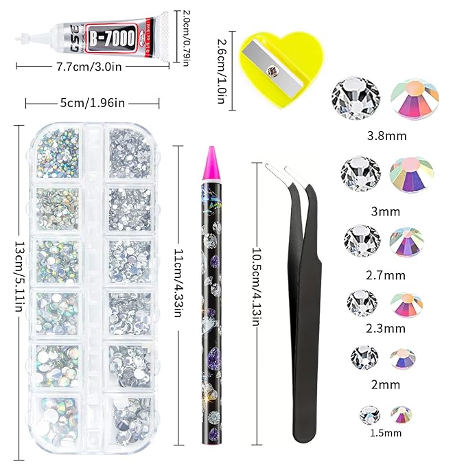 Canvalite Rhinestones 2784PCS in 6 Sizes Flat Back Gems, Crystal AB Art Gems with 5Pcs B7000 Glue, Pick Up Tweezers and Picker Dotting Pen for Nails, Makeup, Stocking Stuffers Gifts for Women