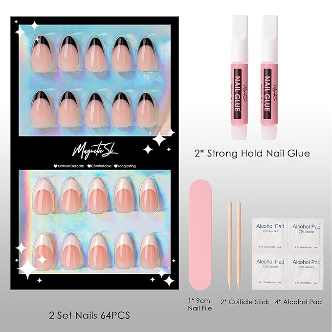 64PCS Press On Nails Black & White French Tip- Short Almond Shape with Classic Accents | Dual-Color Fake Nails for Women | Reusable, Chip-Free Nail Kit with Complete Tools