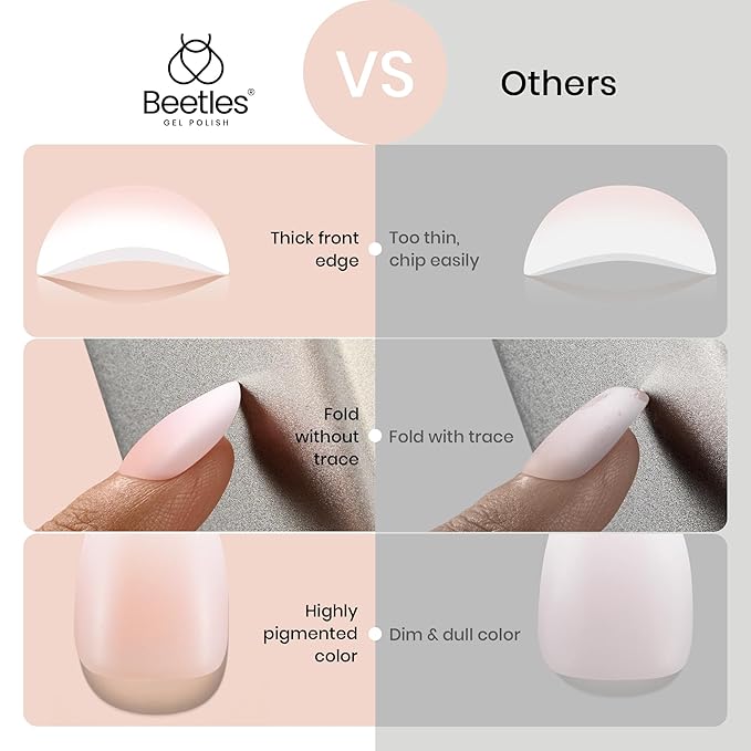Beetles Ombre Short Almond Press on Nails 224 Pcs Gel Nail Tips, Pink Press ons Pre-applied Primer & Base Coat Glue on Nail Tips, No Need to File Fake Nails DIY Nails Gifts for Women