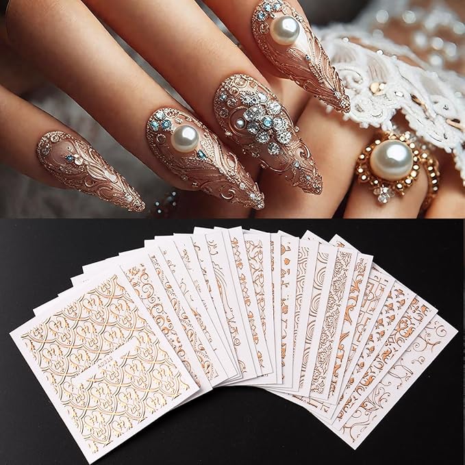 26 Sheets Rose Gold Nail Stickers Set, 3D Self Adhesive Nail Decals with Metal Geometric Stripe Wave & Lace Flower Floral Vine Patterns for DIY Manicure Decorations