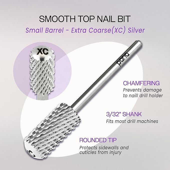 PANA 3/32" Small Smooth Round Top Safety Carbide Nail Drill Bit for Gel Polish & Acrylic Removal Nail Salon Manicure Pedicure Electric File Tools (Small Barrel - Silver, Extra Coarse)