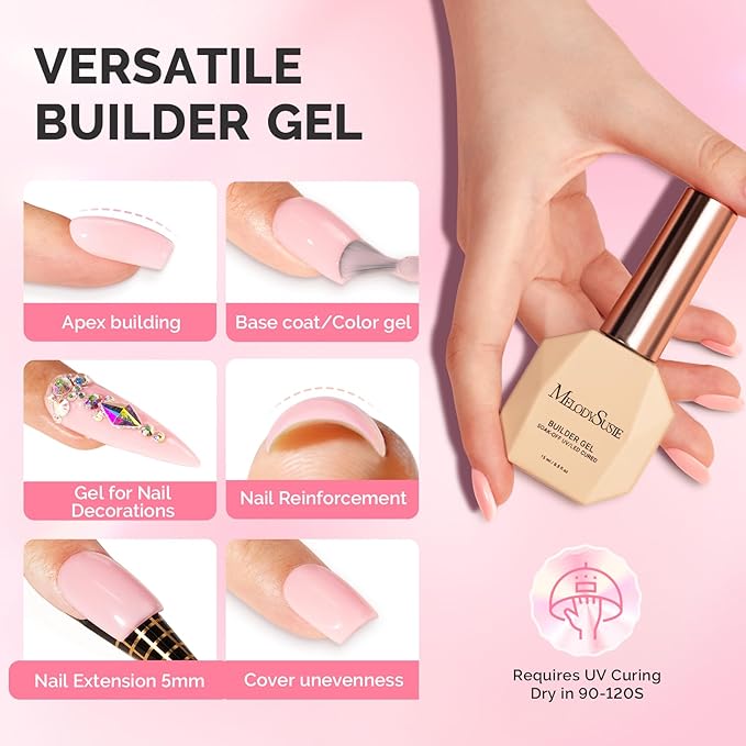 MelodySusie 6PCS Builder Gel Set for Nails Thickening,15ML Pink Base Colors Clear Rubber Base Gel Polish,Soak Off UV Extension,Rhinestone Nail Glue in a Bottle for Nail Art Design Gift for Women