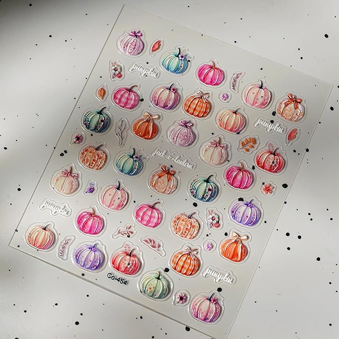 1 Sheets Fall Nail Decals for Nail Art 5D Self-Adhesive Embossed Pumpkin Nail Art Stickers Autumn Colorful Pumpkin Nail Stickers Thanksgiving Nail Design Sticker with Cute Small Flower for Women