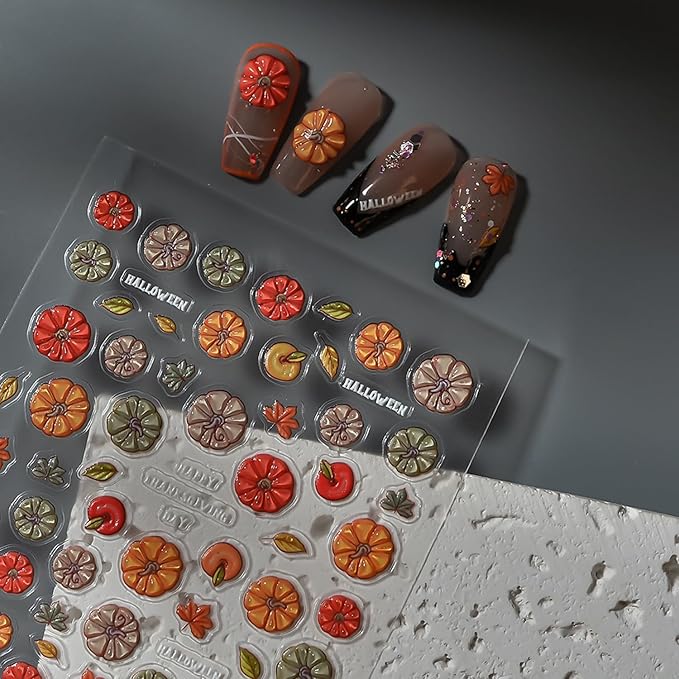 Halloween Pumpkin Nail Stickers 1 Sheets Pumpkin Jelly Nail Decals 5D Self-Adhesive Cute Pumpkins Nail Art Sticker Fall Thanksgiving Nails Design Sticker for Women DIY Phone Case Stickers Nail Decor
