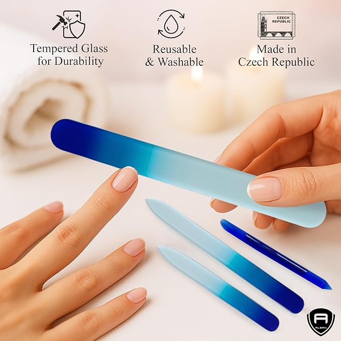 Alban Czech Glass Nail File Set with Manicure Stick & Vegan Leather Cosmetic Case (Royal Blue Nail Files, Royal Manicure Stick & Light Blue Cosmetic Case)