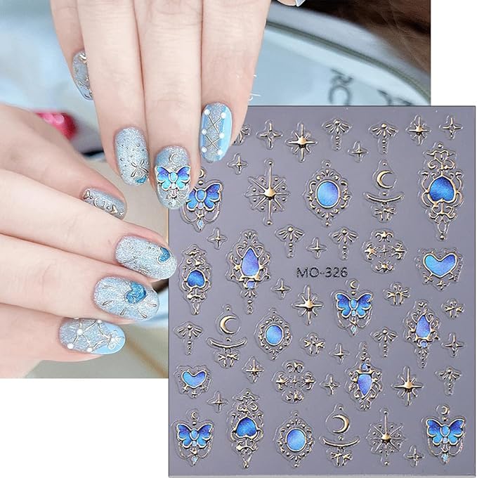Retro Sun Moon Star Nail Art Stickers Baroque Style Nail Design Nail Decals 5D Embossed Self-Adhesive Butterfly Nail Stickers Red Blue Heart Bow Nail Decoration Supplies for Women DIY Manicure -3Pcs