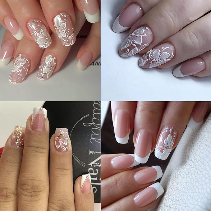2 Sheets White Flower Nail Art Stickers 5D Embossed Nail Decals Self-Adhesive Diamond Flower Nail Stickers White Feather Lace Snowflake Design Suitable for Women Girls Nail Art Decoration