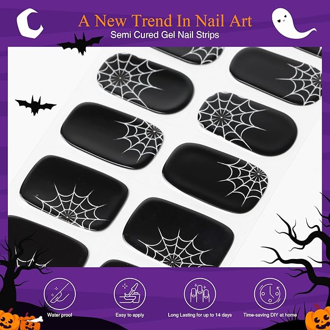Halloween Semi Cured Gel Nail Strips, 20 pcs Gel Stikers, Wraps, Salon-Quality, 2 Weeks Long Lasting - Queen of The Night 288
