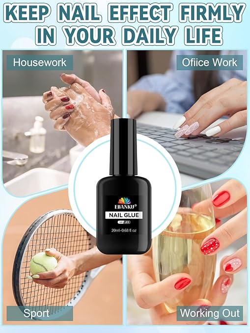 EBANKU 6 in 1 Super Strong Nail Glue for Press on, 20ml Lamp Curing Needed Solid Soak Off Glue, Easy Application Durable & Long-Lasting UV Lamp Needed 2Pcs