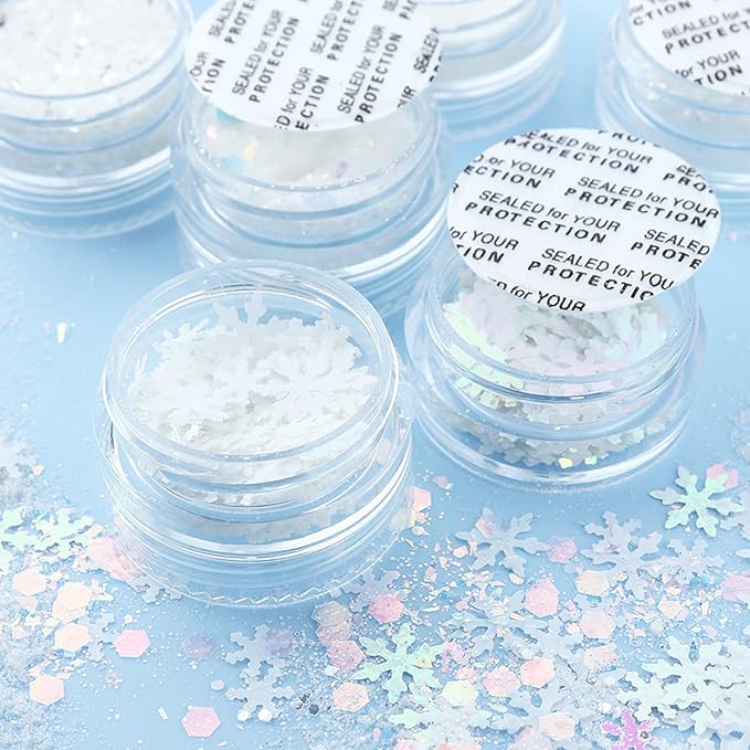 Snowflake Nail Art Glitter White Blue Winter Nail Sequins Flakes, White Manicure fine Glitter Powder, 3D Holographic Round Hexagon Nail Stickers Decals Supplies Nail Charms for Women 6 Box