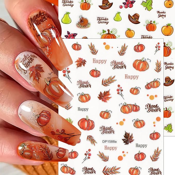 6 Sheets Fall Nail Stickers Autumn Maple Leaf Nail Art Stickers for Nail Art Cute Pine Cones Pumpkin Turkey Designs 3D Self-Adhesive Thanksgiving Nail Decals for Women DIY Acrylic Manicure Decoration
