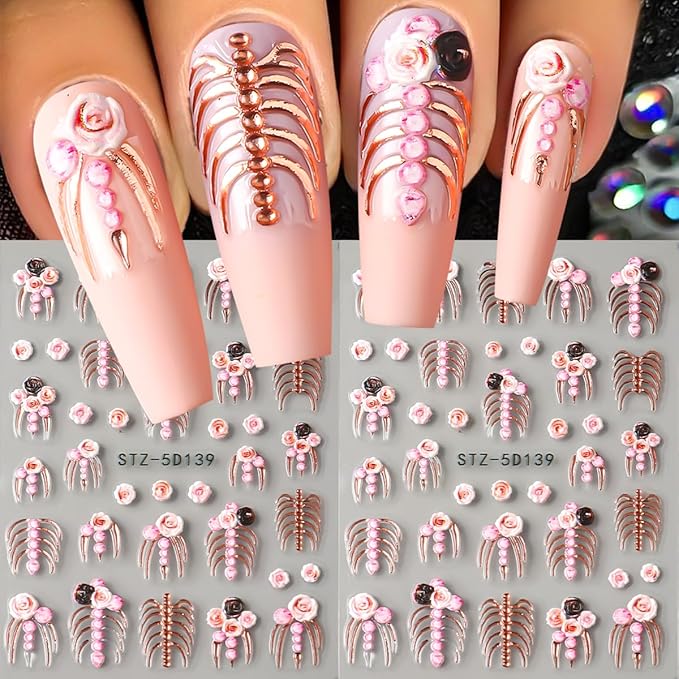 6Pcs Halloween Nail Stickers for Nail Art, 5D Embossed Skeleton Decals Self-Adhesive Nails Supplies Rose Gold White Bone Skeleton Designs Goth Nail Stickers for DIY Manicure Decor