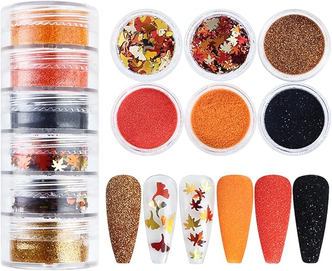 Fall Nail Glitters 3D Gold Maple Leaf Nail Sequins with Glitter Powder Gold Maple Leaves Shaped Sparkly Supplies Autumn Nail Stickers for Women Manicure Charms Thanksgiving Decorations 6 Jars