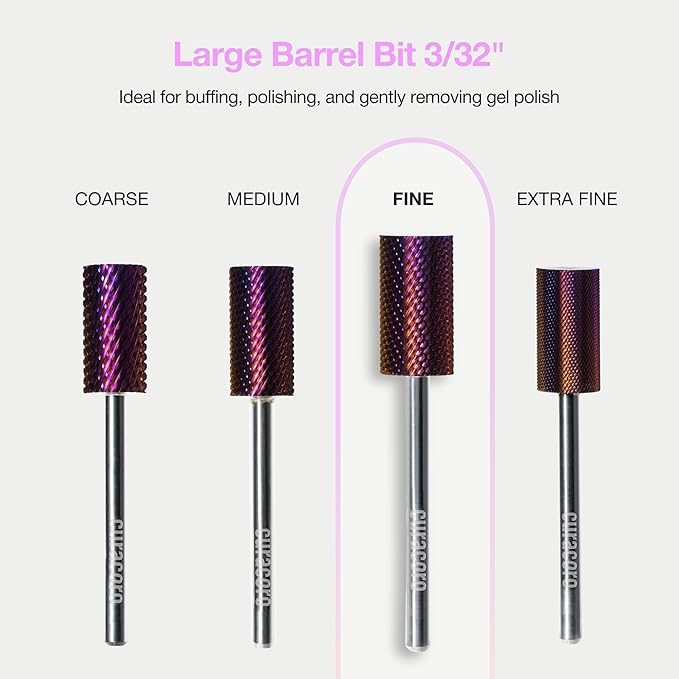 Curacoro Nail Drill Bits 3/32'' - Safe Smooth Stop Large Barrel Carbide Bit (Fine), Gently Bits for Removal & Nail Enhancement, for Nail Beds, Nail Art Pedicure Manicure Salon & Home
