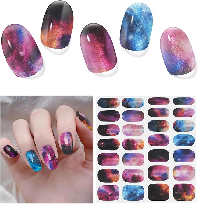 Semi Cured Gel Nail Strips, 28 pcs Gel Nails Stickers for Women Work with Any UV Lamp, Long Lasting UV Gel Nail Strips for Home DIY Nails Art (Smudge Starry Sky)