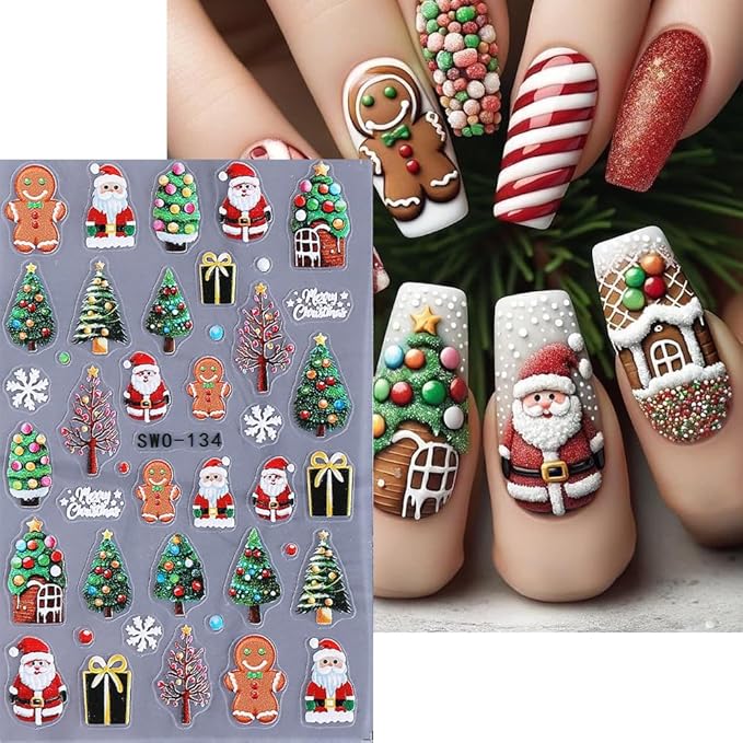 5Pcs Christmas Nail Stickers 5D Christmas Tree Snow Man Nail Decals DIY Self Adhesive Bow Light Cute Snowman Nail Design 3D Nail Decoration Supplies Holiday Manicure Accessories for Women Girls