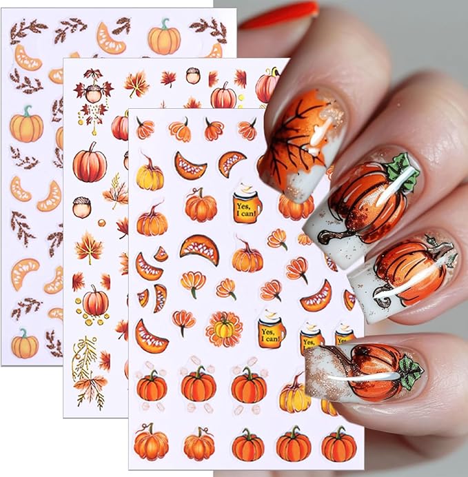 6 Sheets Fall Nail Art Stickers Pumpkin Fall Maple Leaf Nail Decals Fallen Leaves Nails Designs 3D Self-Adhesive Thanksgiving Nails Stickers Autumn Nail Art Supplies for Women DIY Manicure Art Kit