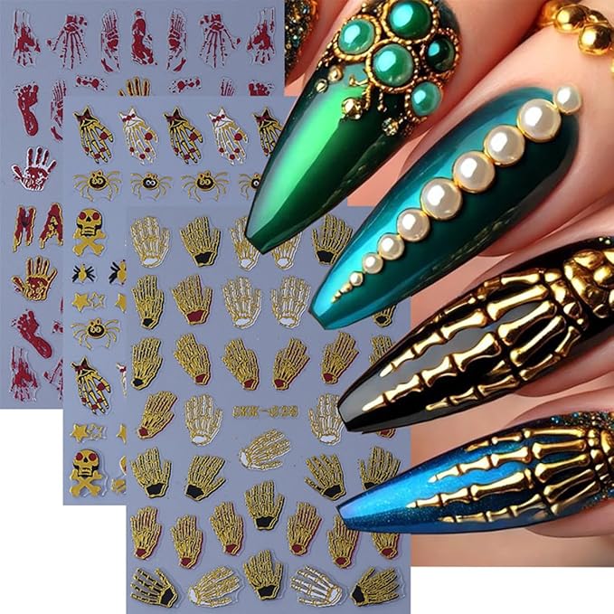 10 Sheets Halloween Nail Art Stickers Decals 3D Skeleton Pumpkin Spider Knife Etc Self-Adhesive Designs Nail Decals Supply Red Gold Skull Cross Nail Stickers for Women DIY Manicure Decoration