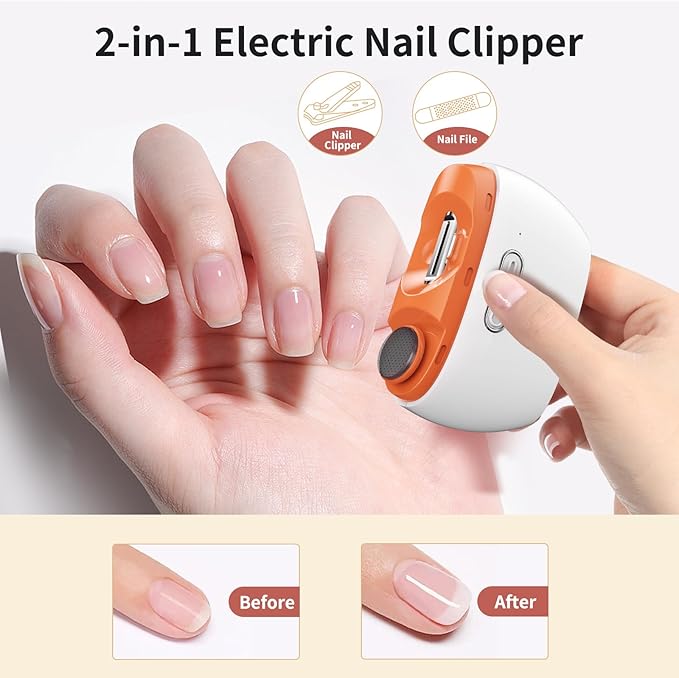 2025 Upgraded 3-in-1 Electric Nail Clipper & Polisher – Automatic Nail Trimmer with LED Light, 2-Speed, USB Rechargeable, Clip Storage, Safe for Baby & Seniors（Orange）