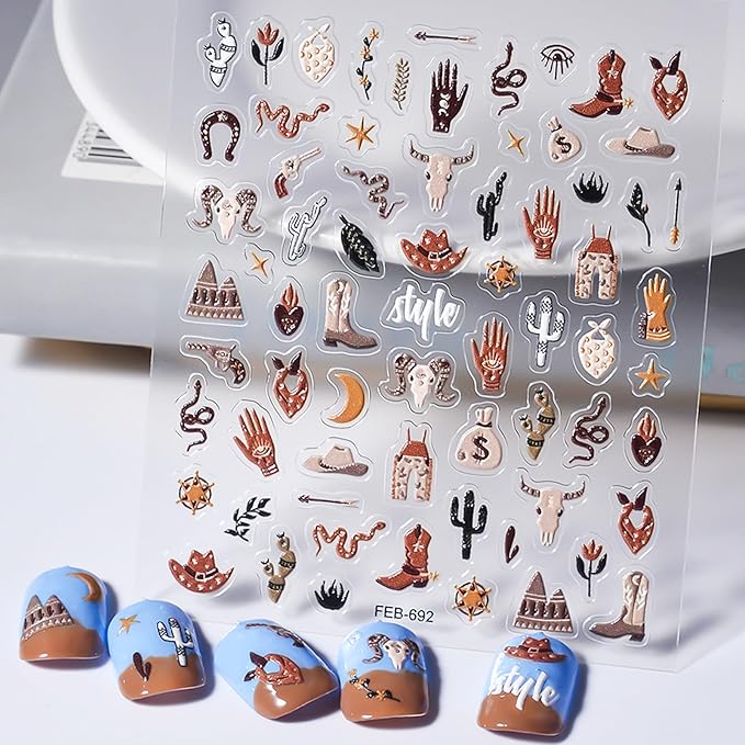 2 Sheets Retro Cowboy Nail Art Stickers, Western Cowboy Style Self-Adhesive DIY Nail Decals, Brown Cowboy Hat Designs Nail Stickers for Retro Style Nail Art Decals