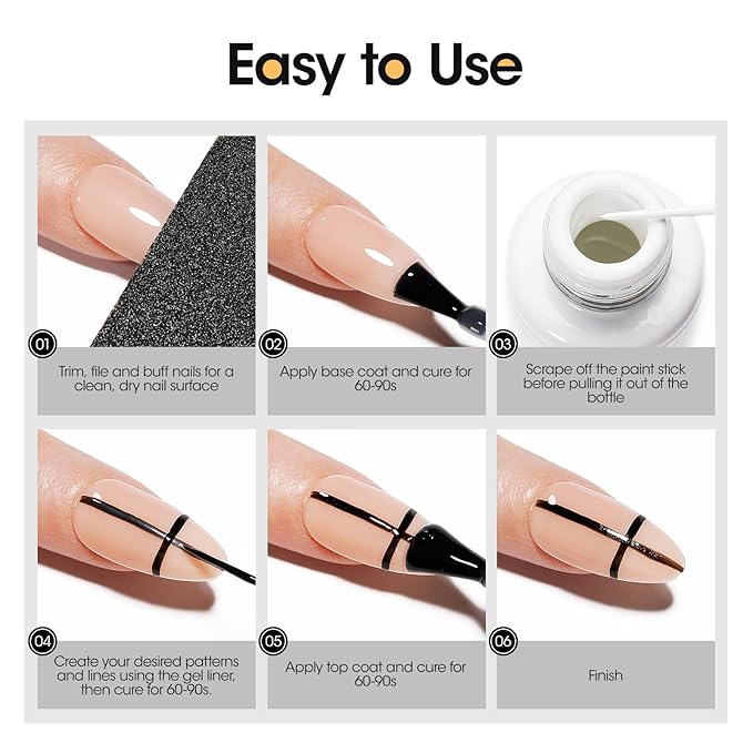 GELLEN 2 Pcs 10ml Black White Liner Gel Nail Polish, Classic Soak off Nail Lamp Nail Art Paint Gel with Thin Nail Art Brush for Euphoria Nail French Manicure