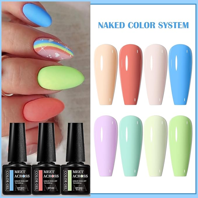 MEET ACROSS Gel Nail Polish Set, 8PCS Macaron Gel Nail Polish Kit, Soak Off UV/LED Nail Polish Nail Art Design Salon Home Gifts for Women