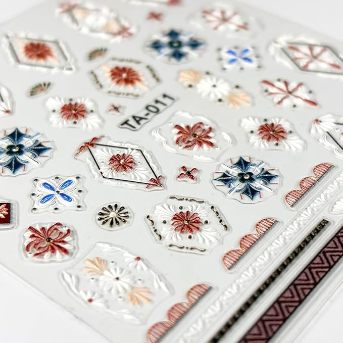 2 Sheets Relief Bohemian Style Nail Stickers, Retro Color 5D Embossed Nail Decals with Metallic Lace Lines, Vintage Boho Nail Art Decoration for Women Girls DIY Manicure Supplies
