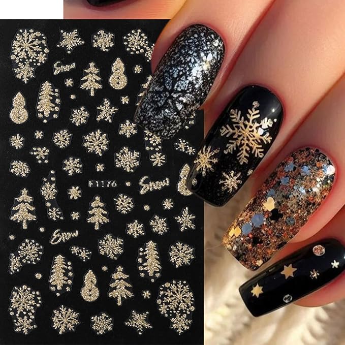 Christmas Nail Art Stickers Decals Gold Glitter Snowflake Snowy Tree Nail Decals 6PCS Snowflakes Deer Snowman Bell Leaf Christmas Nails Design Adhesive Stickers Manicure Nail Art Supplies for Women
