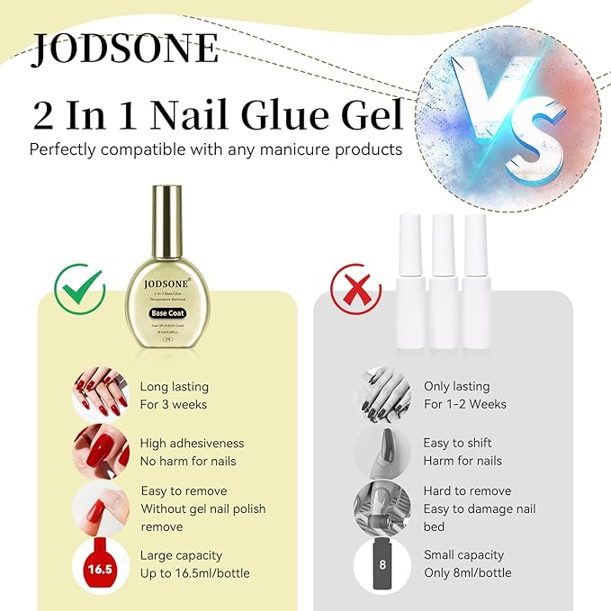 JODSONE 2-in-1 Base Coat – 16.5ml No Wipe, Warmly Removable Foundation for Gel Nail Polish & Tips. U V/LED Cured, Long-Lasting, DIY Use
