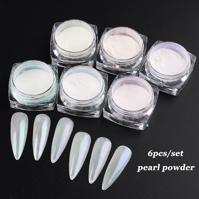 Pearl Chrome Nail Powder Set - 6 Colors Aurora Powder Mermaid Effect for Nails Iridescent Nail Glitter Shimmer White Rubbing Dust Nail Pigment Set Manicure Nail Art Decorations (Y451-459)