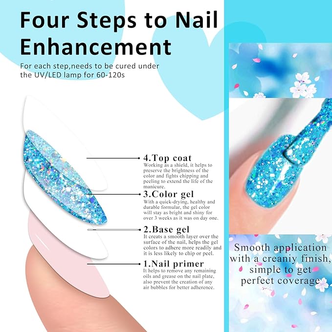 MEET ACROSS 8 Colors Glitter Gel Nail Polish Sparkly Shiny Gold Silver Pink Gel Polish Kit Glitter Red Black Blue Nail Polish Set Manicure Nail Art DIY Salon Home Holiday Gift for Women
