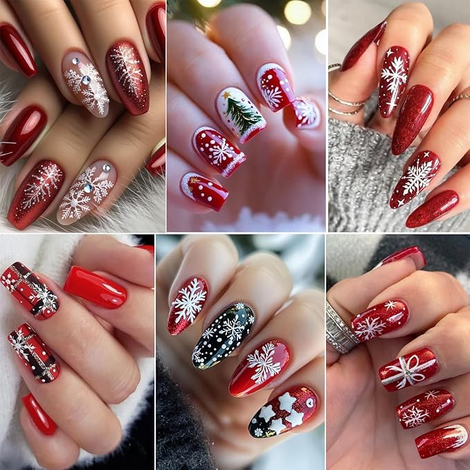 4Sheets Self-Adhesive White Snowflake Nail Art Stickers 3D Embossed Christmas Nail Decals Snowflakes Nail Stickers with Shell Light Design Nail Decal White Bow Star Nail Sticker for Women Nails Decor