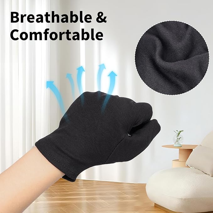 5 Pairs Small Black Cotton Gloves for Dry Hands Sleeping, Black Work Gloves for Coin Handling, Jewelry, Photography for Men and Women, with 20 Touchscreen Stickers