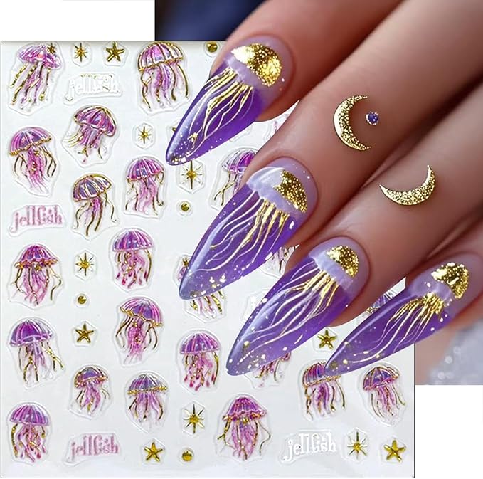 2 Sheets Summer Nail Art Stickers 5D Embossed Beach Shell Starfish Cute Dolphin Mermaid Pearl Jellyfish Designs Self Adhesive Nails Supplies Blue Summer Sea Theme Manicure Decorations for Women