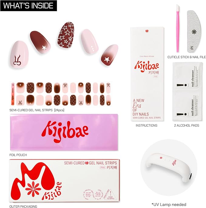 Semi Cured Gel Nail Strips - Trendy Nail Polish Wraps Works with Any UV Lamp - Long Lasting Easy Salon Manicure - 24pcs with 2 Prep Pads, Nail File & Cuticle Stick (Star Girl)