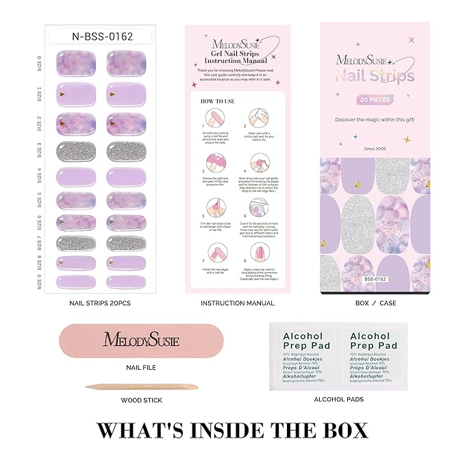 MelodySusie Semi Cured Gel Nail Strips (Dreamy Purple), 20 PCS Gel Nail Stickers, Silver Glitter Gel Nail Wraps, UV Light Required, Durable and Salon Quality