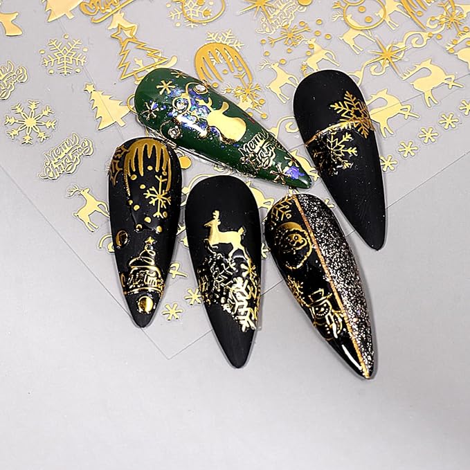 Christmas Nail Art Stickers Decals 6PCS Gold Silver Snowman Snowflake Nail Decals 3D Self-Adhesive Winter Nail Stickers Christmas Tree Santa Claus Elk Holly Christmas Nails Designs Xmas Nails Supplies
