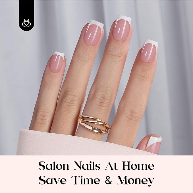 Beetles French Tip Press On Nails: 150 Pcs Pink Short Square Press On Nails 4 in 1 Nail Tips, Pre-Applied Primer & Base Coat, No File Need DIY Manicure for Fake Nails Extension Gifts for Women