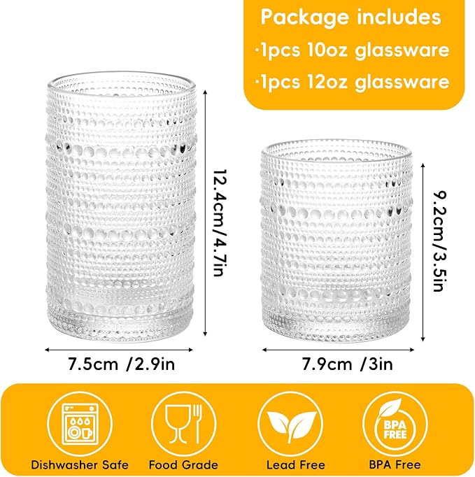 Moretoes 2pcs Hobnail Drinking Glasses, Vintage Glass Cups Set | 12 Oz Highball - Image 3