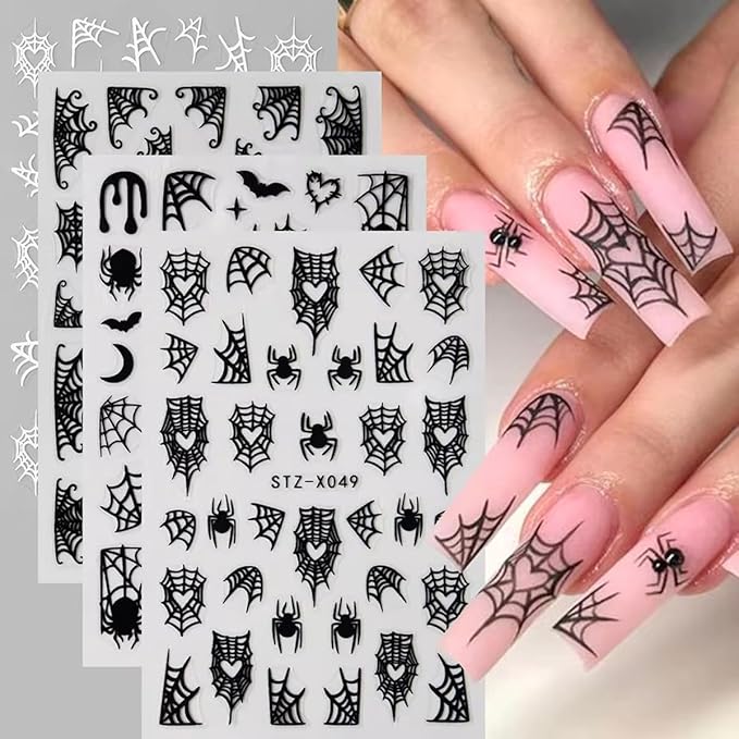 8Sheets Spider Web Nail Stickers, Halloween Decals for Nail Art - Black Stars, Moon, Flame Design - DIY Manicure Charms for Holiday Decoration Accessories