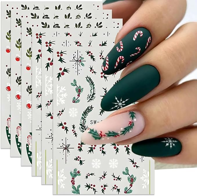 Christmas Nail Art Stickers Decals Holly Leaf Candy Cane Design 3D Self-Adhesive Xmas Nail Art Supplies Decals 6PCS Snowflakes Bow Star Ball Christmas Stickers for Nails Holiday Manicure Decorations