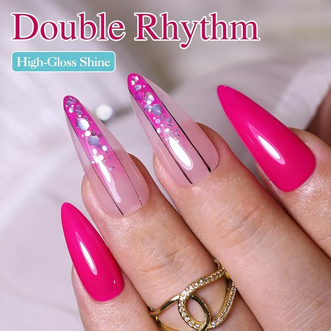 Double Rhythm Gel Polish Set of 6 Colors Baby Light Pastel Milky Gel Polish Starter Kit Art DIY Salon Home (Neon Bright Glitter Pink,Kit 16)
