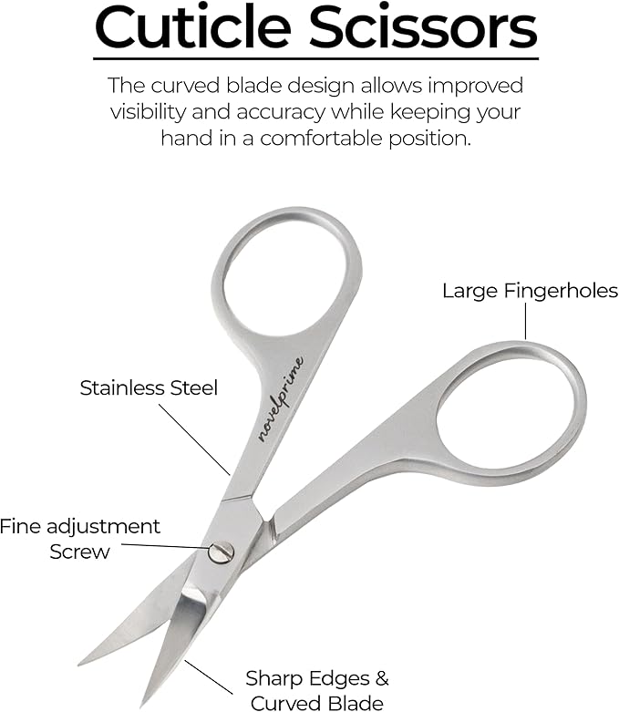 Novel Prime| Stainless Steel Cuticle Scissor with Extra Fine Curved Blade| Nail Scissors for Precise Pointed Tips| Manicure Scissors for Grooming and Eyebrows with Premium Leather Pouch (1 Count)