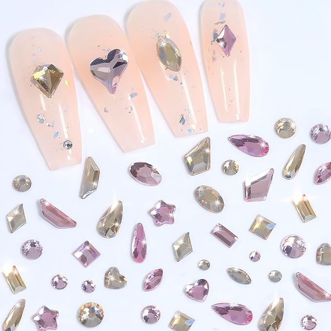 HNUIX Nail Rhinestones for Nails - 3D Multi Shapes, Flat Back, Small Nail Gems, Champagne Gold & Light Pink Nail Diamonds, with Kit, for Nail Art, DIY Decor