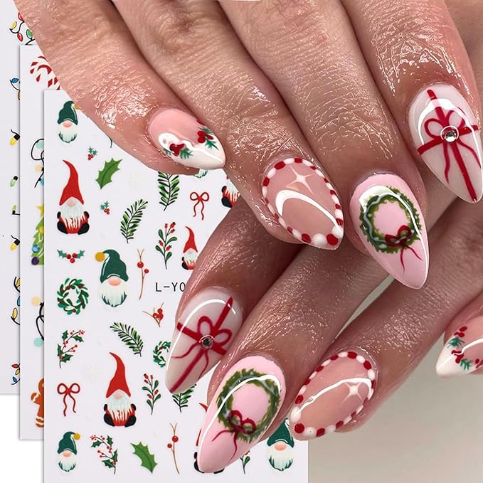 3Sheets Christmas Nail Art Stickers 3D Christmas Lights Tree Designs Nail Decals Self-Adhesive Santa Claus Gingerbread Man Nail Stickers Holly Sprigs Snowflake Nail Decal for Women DIY Manicure Decor