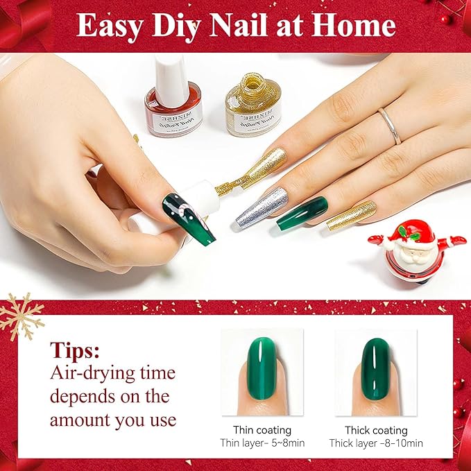 MIZHSE Quick Dry Nail Polish Set with Sticker, 6 Colors Red Green White Gold Sliver Sparkle Polish, Fast Drying Nail Polish Set Winter Manicure Christmas Gift for Women